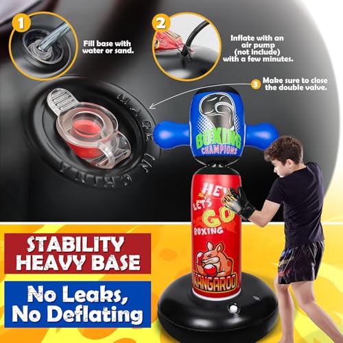 Punching Bag for Kids with 360° Rotating Head, Hyperzoo 63" Heavy-Duty Inflatable Boxing Bag with Glove, Freestanding Punching Bag Toy for Boys & Girls Ages 5–12 – Great
