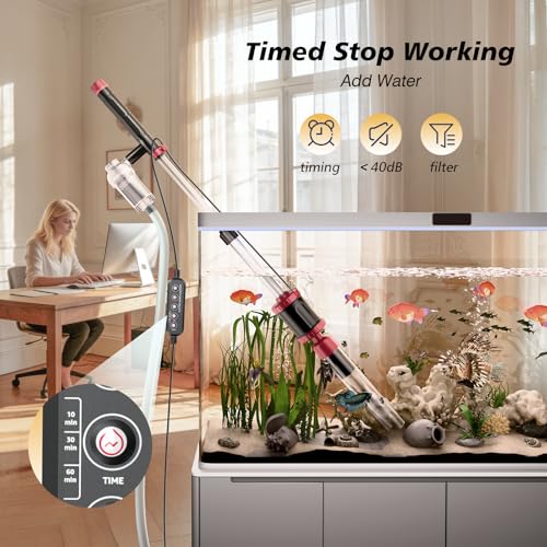 AKKEE Aquarium Vacuum Gravel Cleaner, 36W Electric Fish Tank Cleaner Vacuum, 8 in 1 Multifunctional Aquarium Cleaner for Automatic Water Change, Wash Sand, Water Circulation and Timed Off - color: Red