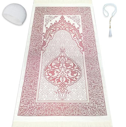 Muslim Prayer Rug Prayer Beads Kufi Hat for Men and Women 100% Breathable Black Skull Beanie Traditional Desing Prayer Mat Eid Ramadan Gifts Islamic Set Salah Mat Taffeta Fabric Soft (Pink) - color: Pink