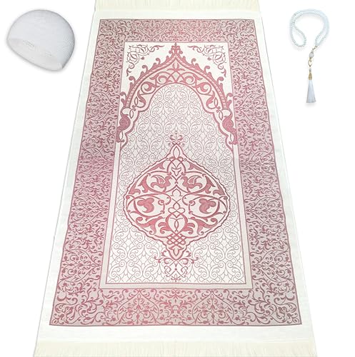 Muslim Prayer Rug Prayer Beads Kufi Hat for Men and Women 100% Breathable Black Skull Beanie Traditional Desing Prayer Mat Eid Ramadan Gifts Islamic Set Salah Mat Taffeta Fabric Soft (Pink) - color: Pink