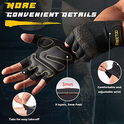 FREETOO Fingerless Workout Gloves for Men,Padded Palm Weight Lifting Gloves | Anti-slip Breathable Lightweight, Palm Protection, Gym Exercise Pull Up Training Calisthenics Sports Fitness - size: Large