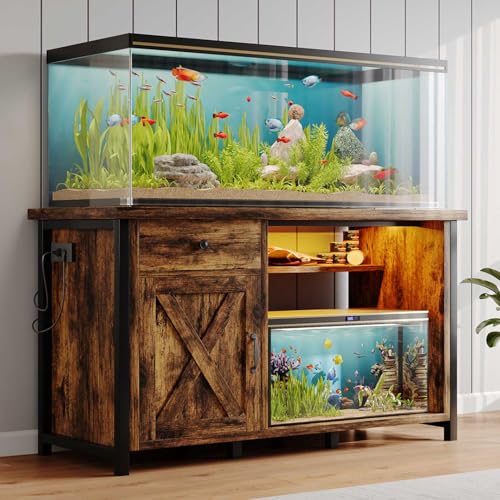 4ever2buy 55-75 Gallon Fish Tank Stand with Power Outlets, LED Light, Heavy Duty Aquarium Stand with Cabinet for Fish Tank Accessories Storage, for Turtle Tank, Reptile Terrarium, 1100LBS, Rustic Brown - color: Brown and Black