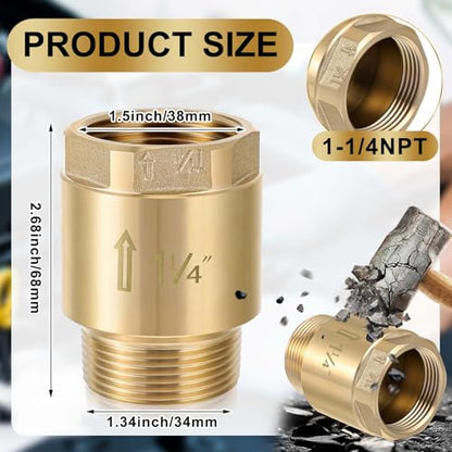 Zonon 2 Pcs 1-1/4 Inch Check Valve One Way Brass Non Return in Line Check Valve with Backflow Prevention NPT Male in FNPT out for Garden Hose Well Pumps Irrigation Systems Chemical Industry - size: 1-1/4 Inch