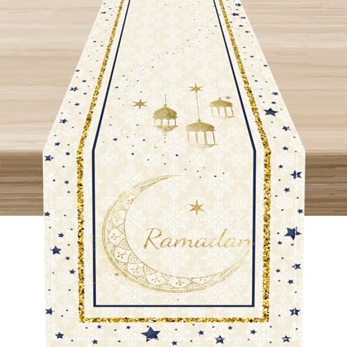 Eid Mubarak Table Runner,Vintage Golded Ramadan Moon Lantern Star Seasonal Summer Holiday Kitchen Dining Table Runners for Home Party Decor, 13"x36" - color: Ramadan-1, size: 13"X36"