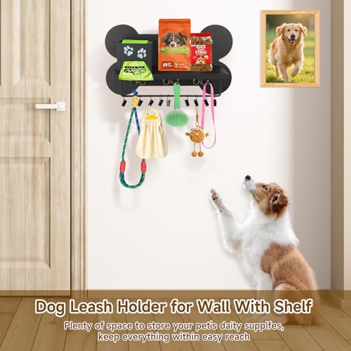 Wood Dog Leash Holder for Wall, Key Hangers with 3 Double Key Holder for Wall, Dog Stuff Organizer and Doggie Bone Key Hooks Wall Mount for Entryway, Farmhouse Treats, Black