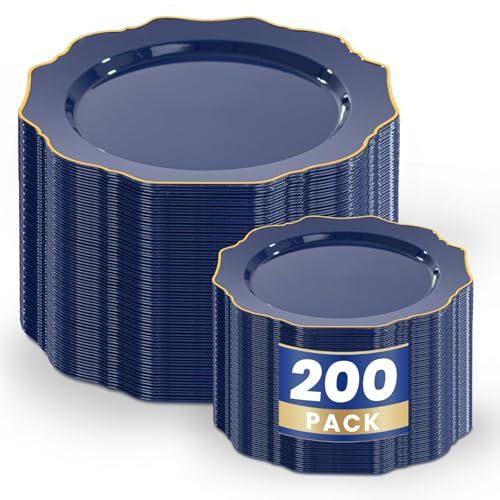 WDF 200pcs Blue Plastic Plates - Navy Blue Plates Disposable - Heavy Duty Plastic Plate for Weddings/Parties/Birthday/Independence Day/Father's Day - color: Navy Blue, size: 200