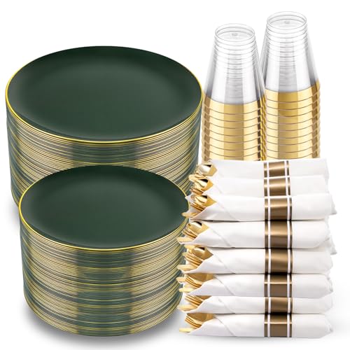 KIRE 350PCS Green and Gold Plates - Plastic Dinnerware Set for Christmas - color: 350PCS green