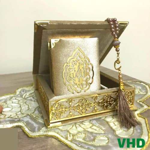 Velvet Covered Quran Tasbeeh Islamic Gift Set | Holy Quran Prayer Beads Wooden Gift Box | Islamic Birthday, Wedding Gift | Islam Graduation Gift | Muslim Gift Favor | Eid, Ramadan Gift Favor (Gold) - color: Gold