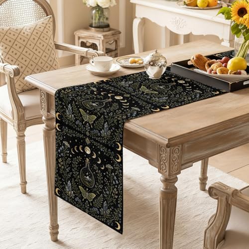 Whimsical Lunar Table Runner Butterfly Floral Moonphases Quartzcrystals Black Kitchen Table Runner for Dining Room Home Party Decor 13x48 Inch - size: 13"W x 48"L (Pack of 1)