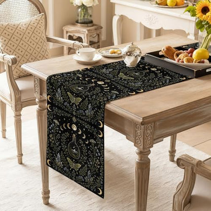 Whimsical Lunar Table Runner Butterfly Floral Moonphases Quartzcrystals Black Kitchen Table Runner for Dining Room Home Party Decor 13x72 Inch - size: 13"W x 72"L (Pack of 1)