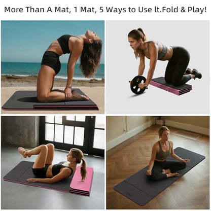 LVME Foldable Yoga Mat, 71"x24"x1/3" Thick, Non Slip Exercise Mat | SGS Certified POE, Fitness Travel Mat, Easy To Store, Foldable for Exercise, Yoga, Pilates, Home Workouts - color: Obsidian Black+Crimson