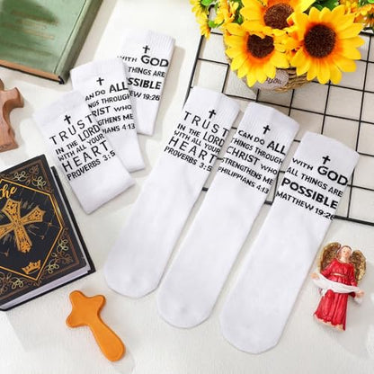 Shyyween 6 Pairs Christian Sock with Bible Verse Religious Easter Gift Christian Gift Ideas Catholic Crew Socks for Men Women - color: Black, White
