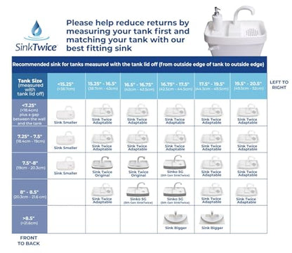 Sink Twice for Toilet Tanks Measuring 15.25" - 16.8" (Measured with lid Off)