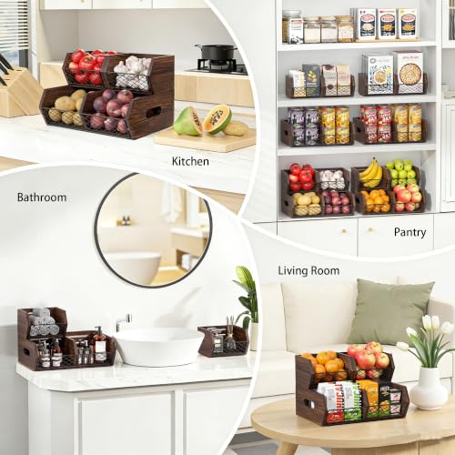 Wood Potato and Onion Storage Bins, Stackable Pantry Organizer, Rustic Produce Storage Baskets for Vegetable, Fruit and Snack