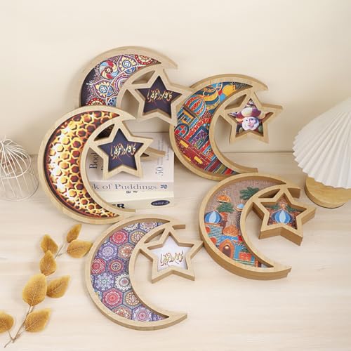 Wooden Eid Mubarak Dessert Tray, Star and Moon Tray Ramadan Serving Tray, Ramadan Decorations for Table Islam Muslim Party Festival Party