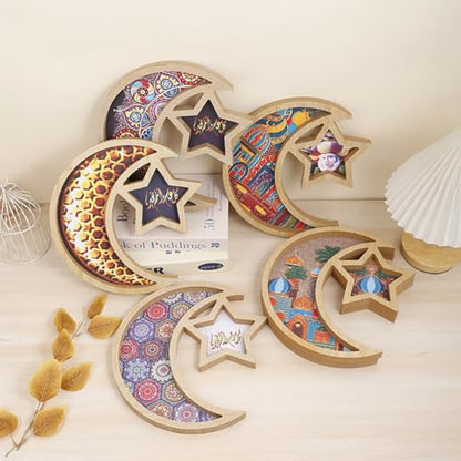Wooden Eid Mubarak Dessert Tray, Star and Moon Tray Ramadan Serving Tray, Ramadan Decorations for Table Islam Muslim Party Festival Party