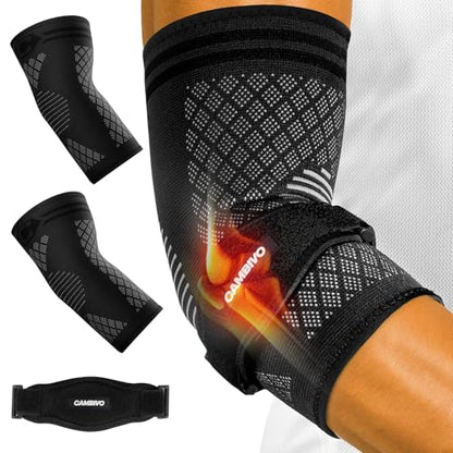CAMBIVO 2 Elbow Sleeves and 1 Tennis Elbow Strap Set for Tendonitis Relief | Counterforce Pad Targets Extensor Pain, Adjustable Hook-and-Loop Fit, Breathable 3D Knit Sleeve, 2+1 Combo Set, Men & Women - color: Black(2Pcs Elbow Sleeve+1Pcs Elbow Strap), si