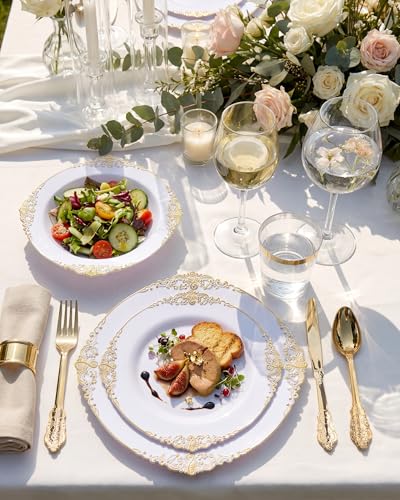 Nervure 175PCS White and Gold Plastic Plates - Disposable Dinnerware Set Include 50 Gold Plates for Dinner and Dessert, 75 Cutlery, 25Cups 25Napkins for Wedding & Party - color: Gold, style: 175Pcs(25Guests)