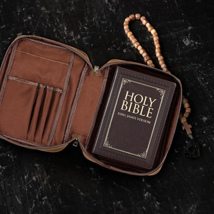 Genuine Leather Bible Cover Cowhide Bible Case for Men Women Church Bag Protective Book Holder with Double Zippers Full Grain Leather Portfolio Organizer Bible Carrying Case with Handle