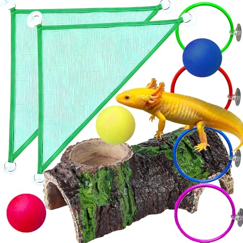 Size L 10-Piece Axolotl Habitat Enrichment Set with Hammock, Hideout, Floating Ball, Float Net, Rings, Nylon Mesh, Suction Cup for Fish Tank - size: L