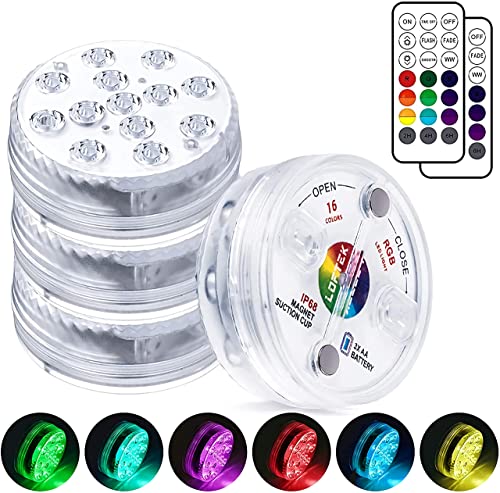 LOFTEK Pool Lights, Submersible LED Lights with Magnets &10 Suction Cups | Battery Operated,13 LED,16 Color Changing, 4 timer, IP68 waterproof, Dimmable for Inground Above Ground Underwater Pool,Ponds - size: 4 Pack-Battery Operated