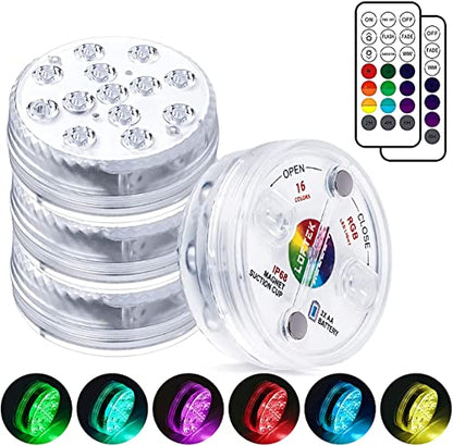 LOFTEK Pool Lights, Submersible LED Lights with Magnets &10 Suction Cups | Battery Operated,13 LED,16 Color Changing, 4 timer, IP68 waterproof, Dimmable for Inground Above Ground Underwater Pool,Ponds - size: 4 Pack-Battery Operated