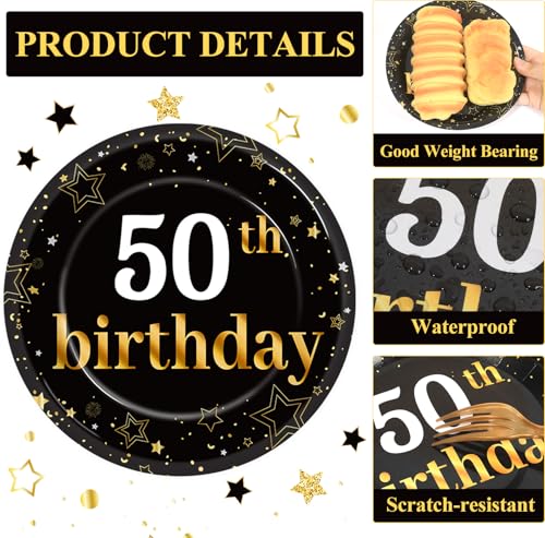 Qyeahkj 48Pcs 50th Birthday Paper Plates and Napkins Black and Gold Happy Birthday Party Decorations Cheers to 50 Years Party Supplies 50 Years Old Disposable Tableware Set for Women Men Serve 24 - style: 50th Birthday