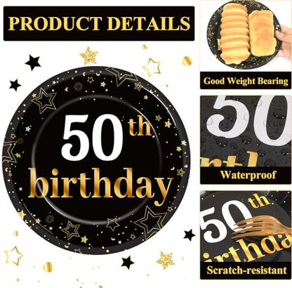 Qyeahkj 48Pcs 50th Birthday Paper Plates and Napkins Black and Gold Happy Birthday Party Decorations Cheers to 50 Years Party Supplies 50 Years Old Disposable Tableware Set for Women Men Serve 24 - style: 50th Birthday