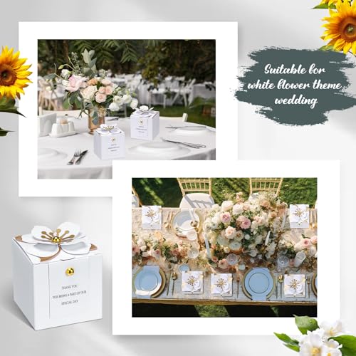 Affrolling 50 Pcs Wedding Favor Boxes with Thanks Card Square Flower Candy Boxes Paper Bridal Gift Box for Guests Wedding Bridal Shower Birthday Party Anniversary(White) - color: White