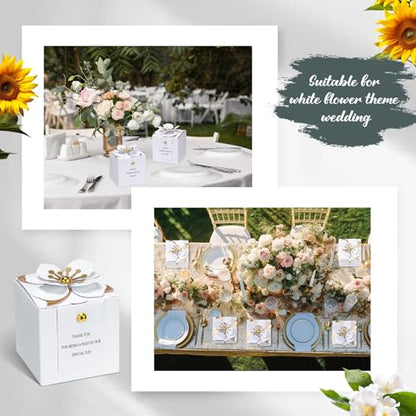 Affrolling 50 Pcs Wedding Favor Boxes with Thanks Card Square Flower Candy Boxes Paper Bridal Gift Box for Guests Wedding Bridal Shower Birthday Party Anniversary(White) - color: White