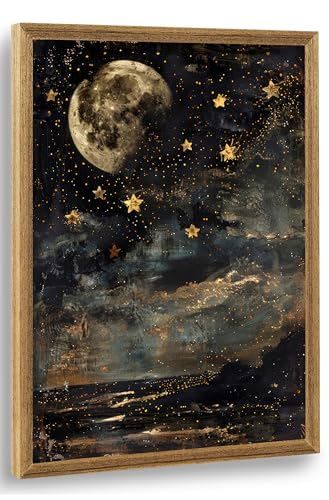 ICHZUMW Framed Moon and Stars Celestial Vintage Canvas Wall Art 12x16 In - color: Moonlit Stars, size: 16"L x 12"W
