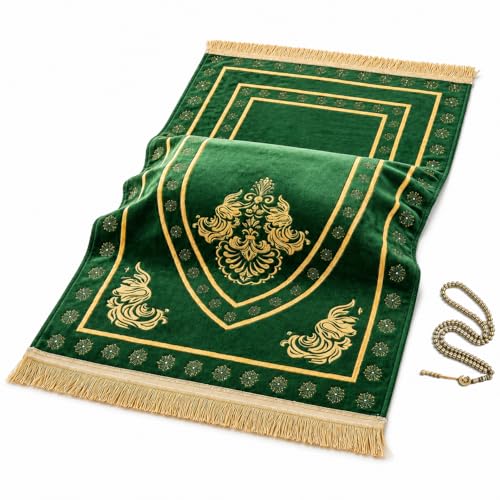 UrmiX Memory Foam Knee Support Prayer Rug/Mat– Orthopedic Style Thick Padded Janamaz Sajada, Premium Velvet Islamic Rug with Non-Slip Base, Tasbih Beads & Gift Box Included (Green) - color: Emerald Green