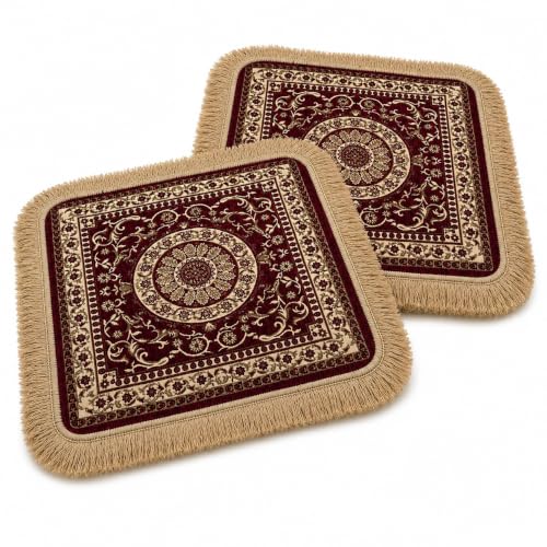 Soft Chenille Prayer Mat | 2x2 Feet Traditional Mandala Floral Pooja Aasan with Golden Fringes | Multipurpose Square Rug for Meditation, Yoga, Puja Room & Home (Pack of 2, Red) - color: Red, size: 2x2 Feet