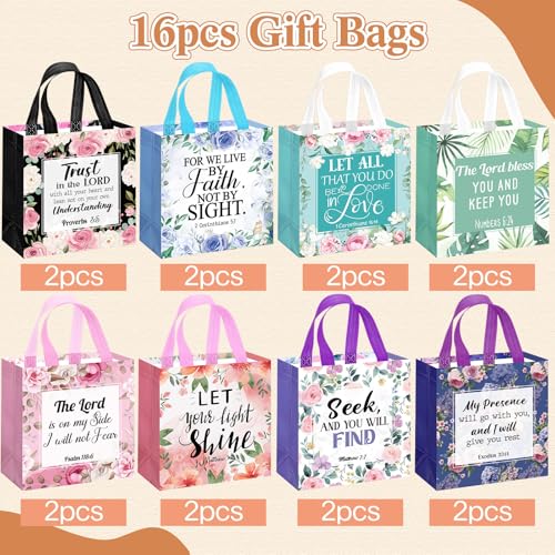 Riakrum 16 Pcs Religious Gift Bags Bulk for Women, Non Woven Christian Gift Bag with Handle, Reusable Flower Religious Baptism Bible Verse Tote for Eid Easter Catholic Theme Party Favors