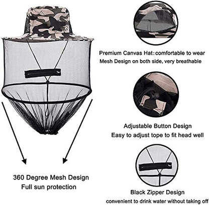 2 Pack Mosquito Head Net Hat, Sun Hat Bucket Hat Fishing Hat with Hidden Net Mesh for Outdoor Lover Fishing Hiking Gardening Beekeeping Men or Women ArmyGreen