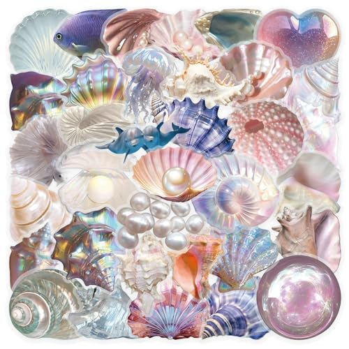 50PCS Sea Shell Stickers Aesthetic PET Transparent Conch Sticker Clamshell Pearls Decal Waterproof Decorative Decals for Scrapbook DIY Crafts Album Bullet Journal Planner Water Bottles Phone (Conch-A) - color: Conch-a