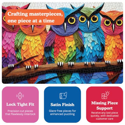 Cross & Glory | 1000 Piece Jigsaw Puzzles for Adults | Kaleidoscopic Owls - color: Kaleidoscopic Owl Colorful Night's Watch