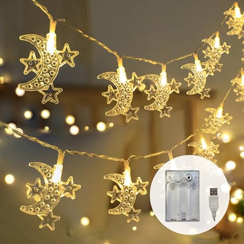 Ramadan Decorations for Home Ramadan Lights 13FT 20LED USB or Battery Operated 8 Modes Timer Star Moon Fairy Twinkle Lights Eid Mubarak Decor Warm White (Star Moon 3) - color: Star Moon 3