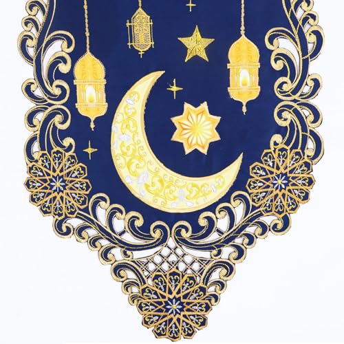 Simhomsen Embroidered Decorative Ramadan Kareem Eid Mubarak Table Runner, Navy Blue and Gold, Ramadan Lantern Design (14 x 54 inches) - size: 14 x 54 inches