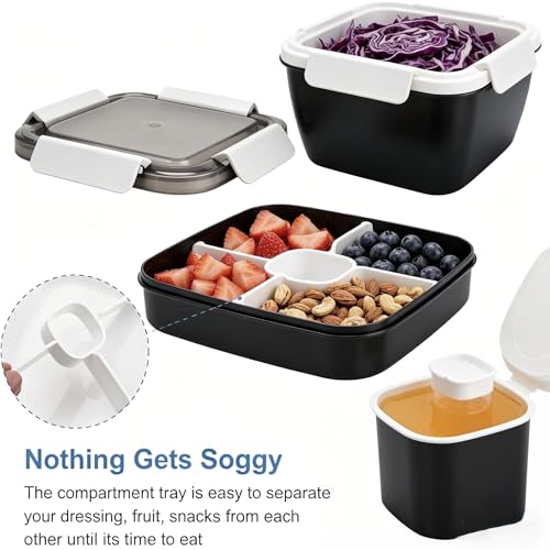 5-in-1 Lunch Boxes Salad Bowl Set with Lid, Compartment Tray, Salad Spoon, and 2oz Dressing Container – Portable Bento-Style Lunch Container for Meal Prep, Work, Travel, and Picnic