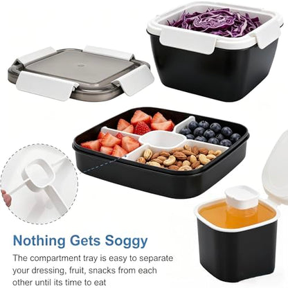 5-in-1 Lunch Boxes Salad Bowl Set with Lid, Compartment Tray, Salad Spoon, and 2oz Dressing Container – Portable Bento-Style Lunch Container for Meal Prep, Work, Travel, and Picnic