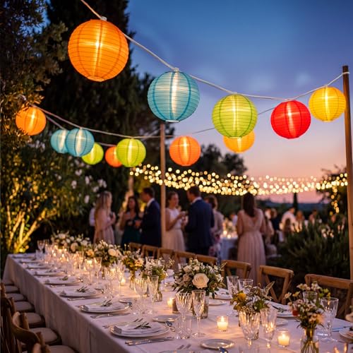 25FT Colorful Lantern String Lights Outdoor Waterproof, 10 Nylon 8-Inch Hanging Lanterns with 11 G40 LED Bulbs, End-to-End Connectable Decorative Patio Lights for Party, Garden, Backyard - color: Multicolored Lanterns