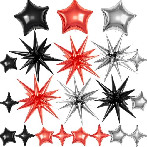 21 Pcs Silver Star Balloons,22/18/10 Inch Star Foil Mylar Balloon - color: Silver Black Red