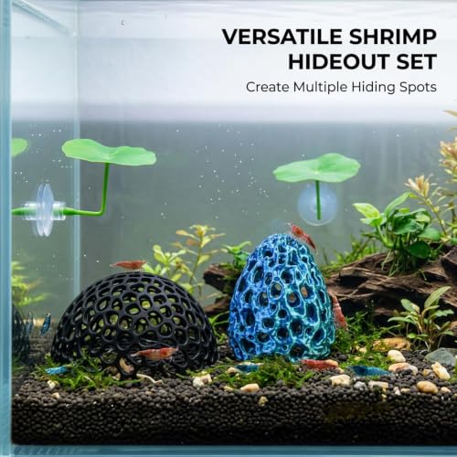 4-Piece Breeding Sanctuary Set with Egg-Shaped and Half-Round Caves, Shrimp Hides for Aquarium,Plastic Aquarium Decorations for Betta Fish and Nano Tanks, Safe Molting Shelters with Leaf Accents