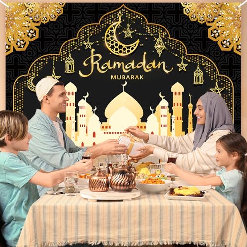 Ramadan Decorations for Home Black and Gold Eid Decorations Mubarak Backdrop Banner Ramadan Decor Hang Ramadan Mubarak Photography Banner Background Holiday Welcome Banner for Party Supplies