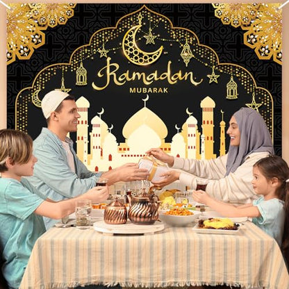 Ramadan Decorations for Home Black and Gold Eid Decorations Mubarak Backdrop Banner Ramadan Decor Hang Ramadan Mubarak Photography Banner Background Holiday Welcome Banner for Party Supplies