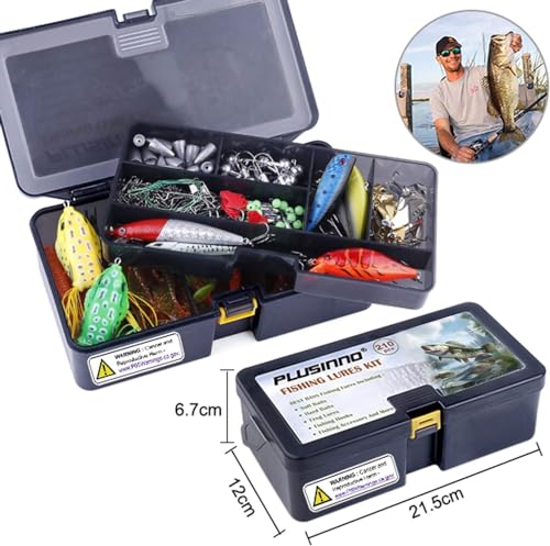 PLUSINNO Fishing Lures Fishing Tackle Box Fishing Gifts for Men, Bass, Trout Fishing Accessories Kit for Saltwater & Freshwater Fishing Gear Including Topwater Lures, Hooks, Spinnerbaits - color: 210pcs tackle box