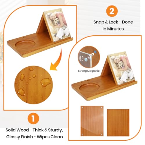 Wooden Triangle Book Stand with Cup Holder 4"x6" Acrylic Picture Frame for Family Frame - Multifunctional Reading Valet Book Rest for Desk, Birthday&Mothers Day Gift for Reader and Book Lovers - style: Acrylic Picture Frame