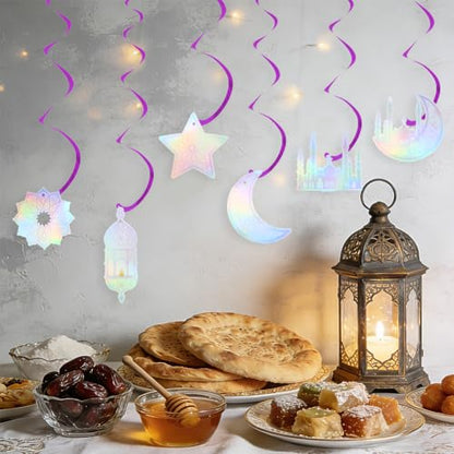 6 Pcs Iridescent Eid Mubarak Hanging Swirls, Sparkling Metallic Ceiling Streamers Garland with Crescent Moon Star Castle Lantern Pattern for Islamic Muslim Ramadan Eid al-Adha Party Decoration