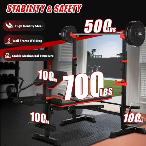 MAIDOMA Foldable 1500LBS Capacity 8 IN 1 Weight Bench Set with Leg Extension/Squat Rack/Preacher Curl, Adjustable Bench Press for Home Gym Full Body Workout (US Stock) - color: 블랙 레드.
